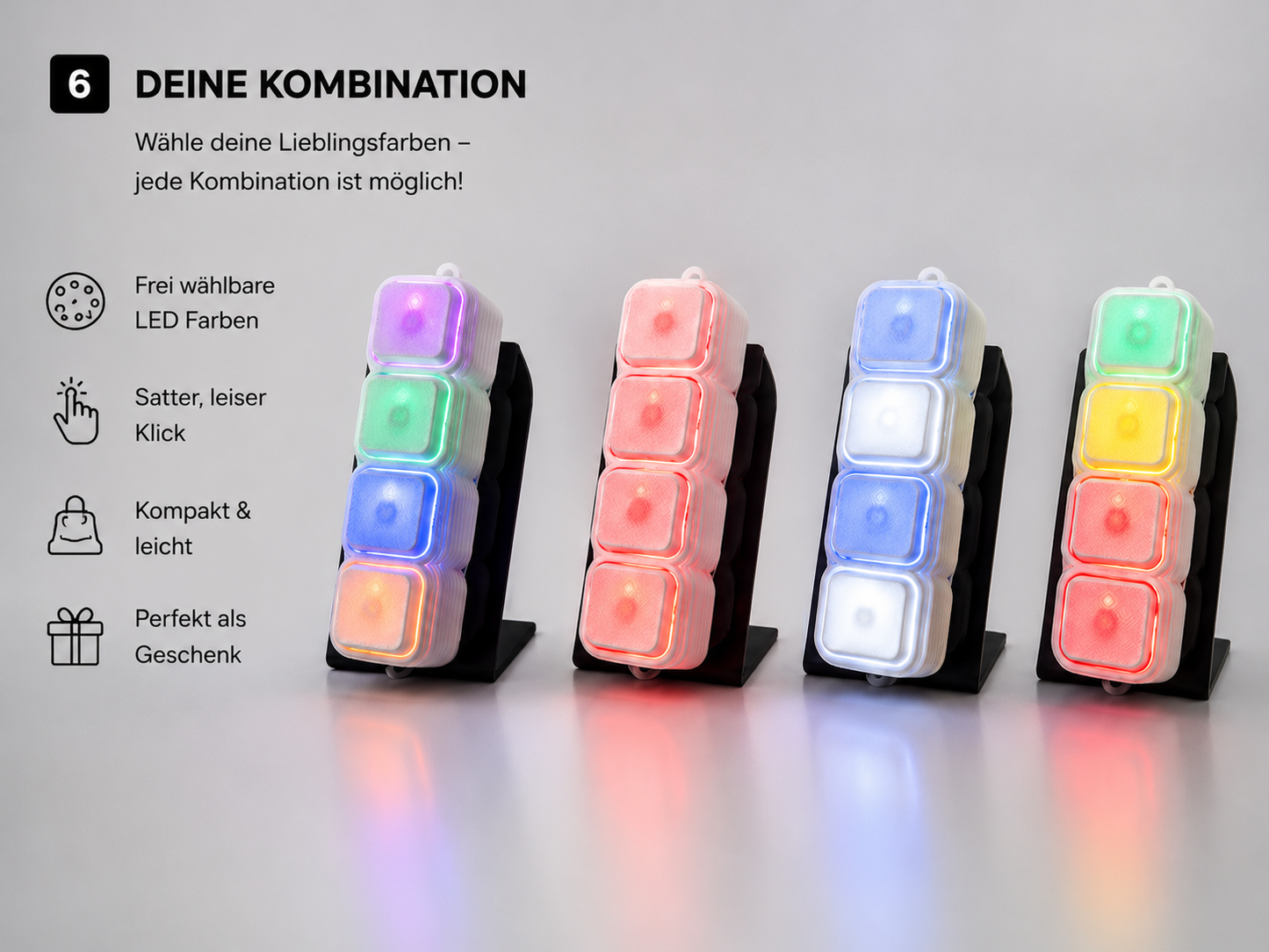 LED Farb-Tastenclicker – 4 Tasten | Individuell konfigurierbar | 3D-gedrucktes Fidget Gadget