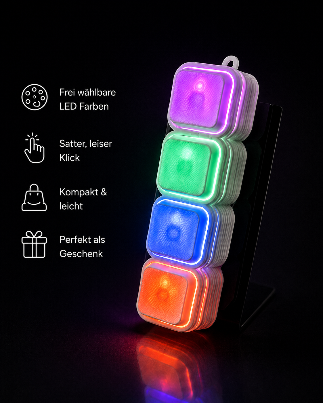 LED Farb-Tastenclicker – 4 Tasten | Individuell konfigurierbar | 3D-gedrucktes Fidget Gadget